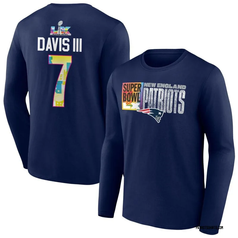 Carlton Davis III New England Patriots Men's Navy Super Bowl LX Name & Number Long Sleeve T-Shirt